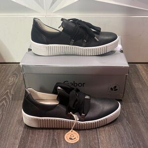 Gabor Black Leather Ribbon-Lace Platform Sneakers